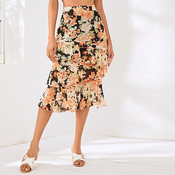 

Layered Ruffle Hem Floral Print Skirt, Multicolor