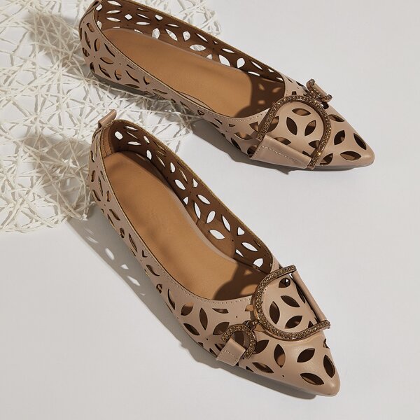 

Rhinestone Detail Laser Cut Out Flats, Beige