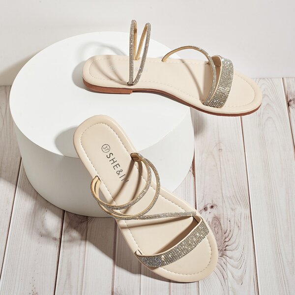 

Rhinestone Engraved Two Way Wear Sandals, Beige
