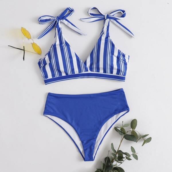 

Striped Tie Shoulder Bikini Swimsuit, Blue