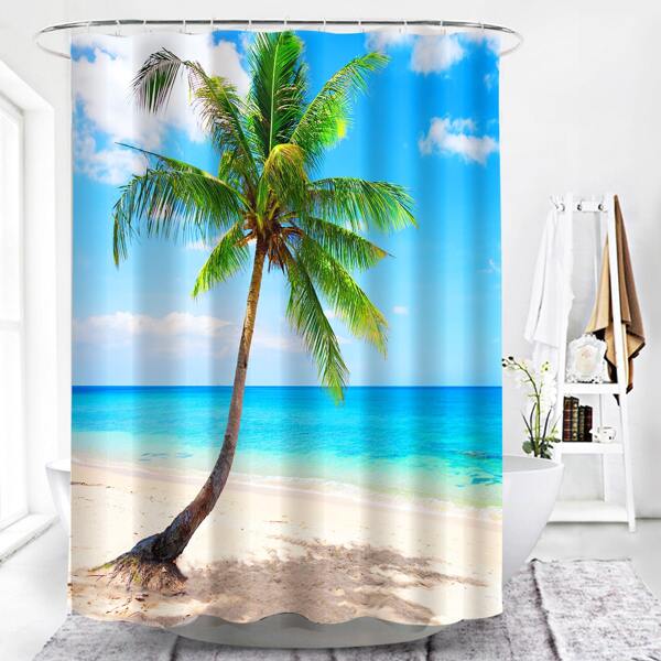 

Beach Print Shower Curtain With 12hooks, Multicolor