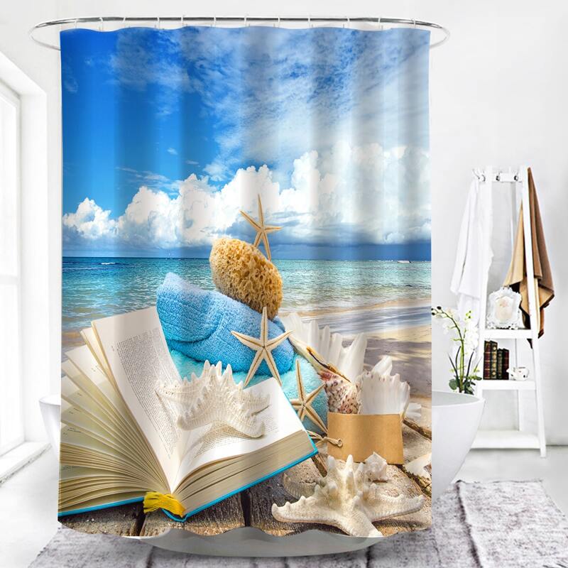 

Beach Print Shower Curtain With 12hooks, Multicolor