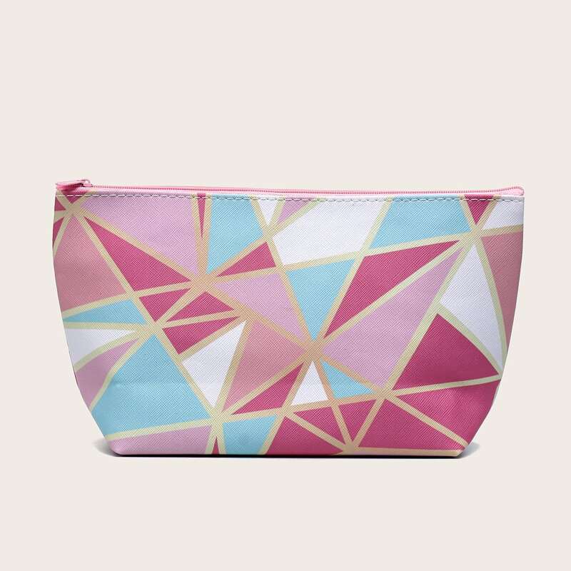 

Geometric Print Colorblock Makeup Bag, Pink