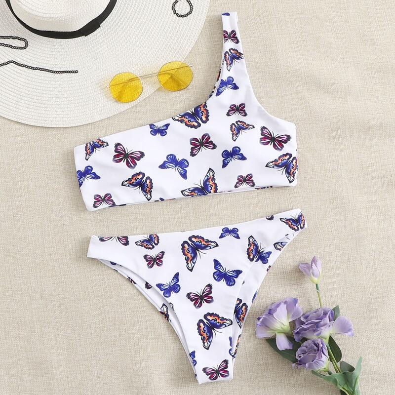 

Butterfly Print One Shoulder Bikini Swimsuit, Multicolor