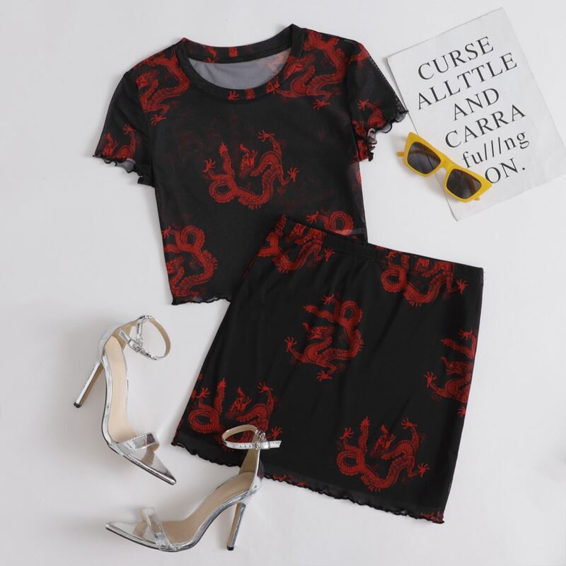 

Dragon Print Lettuce Trim Sheer Mesh Top Without Bra & Skirt Set, Black