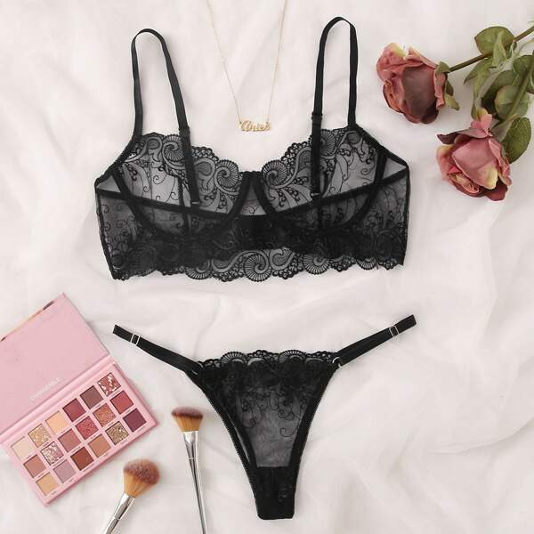 

Sheer Embroidery Mesh Underwire Lingerie Set, Black