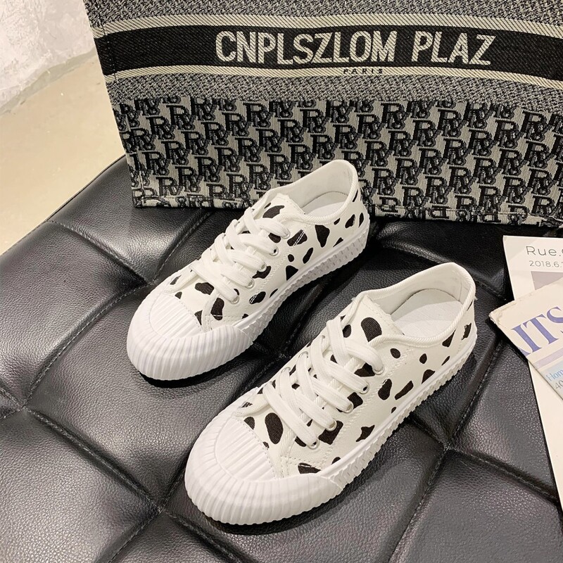 

Cow Print Lace-up Canvas Sneakers, Black and white