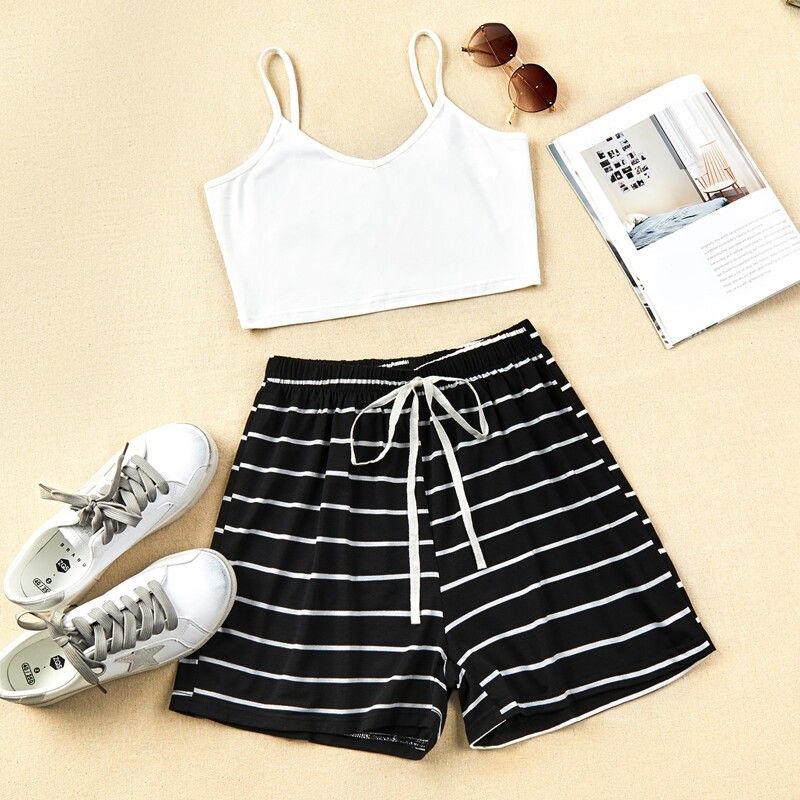 

Solid Cami Top & Striped Knot Detail Shorts, Black and white