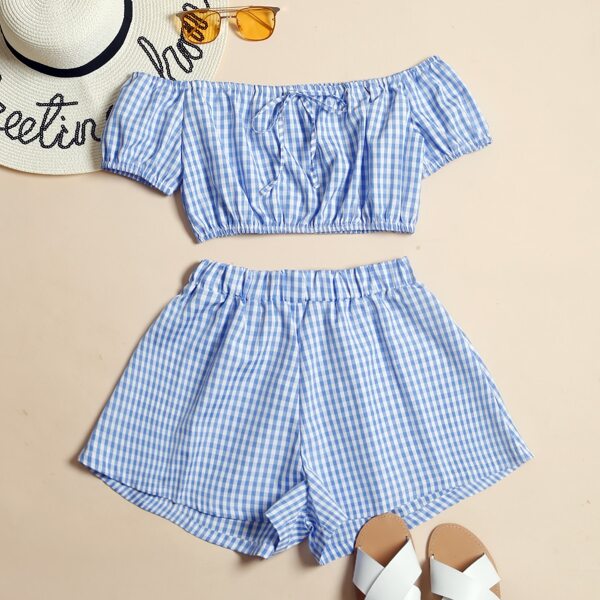 

Шорты и короткий топ в клетку с открытыми плечами, Многоцветный