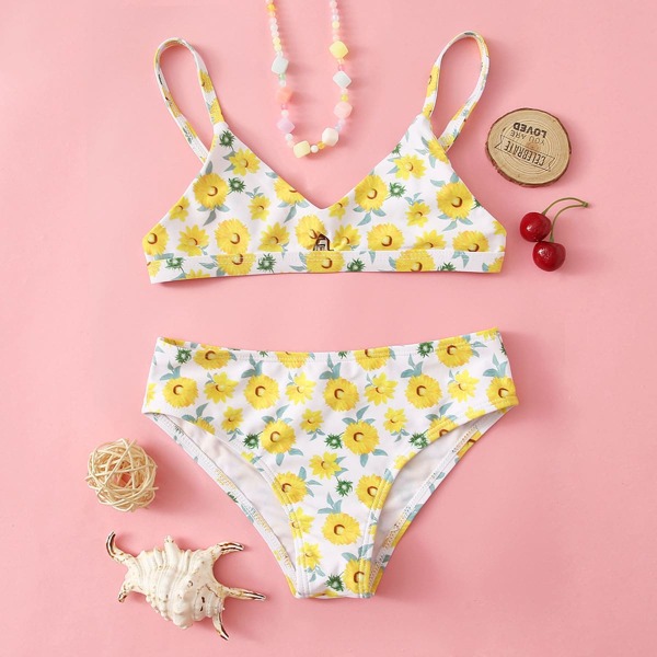 

Girls Flower Print Bikini Swimsuit, Multicolor