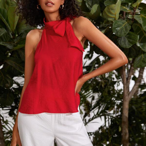 

Tie Neck Halter Top, Red