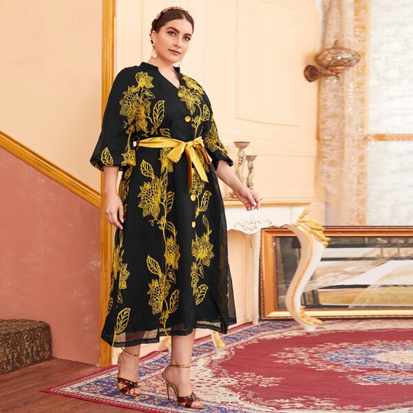 

Plus Notched Floral Embroidery Belted Dress, Multicolor