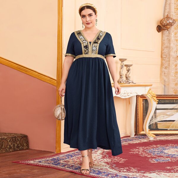 

Plus Contrast Sequin Floral A-line Dress, Navy blue