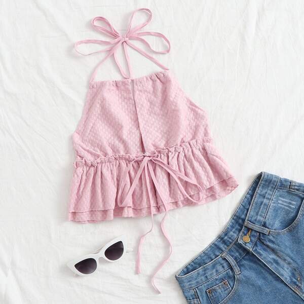 

Tie Front Frill Trim Halter Top, Baby pink