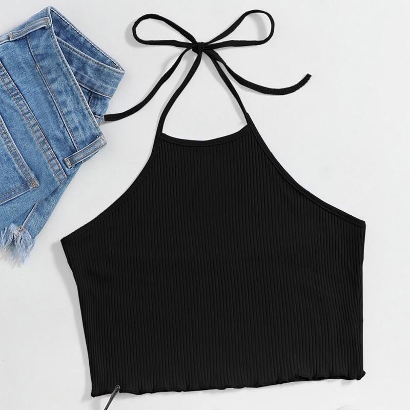 

Ribbed Crop Halter Top, Black