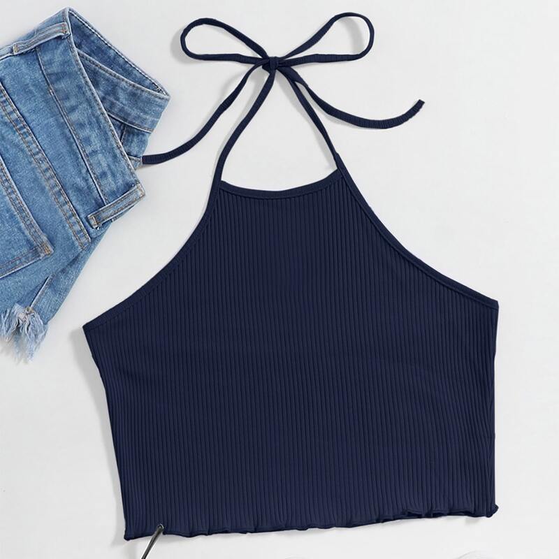 

Solid Crop Halter Top, Navy blue