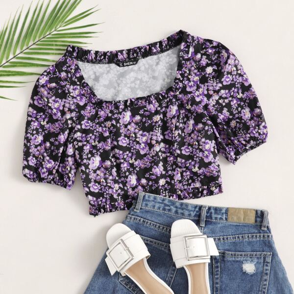 

Frill Trim Puff Sleeve Floral Crop Top, Purple
