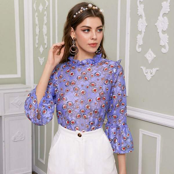 

Floral Print Sheer Lace Blouse, Violet purple