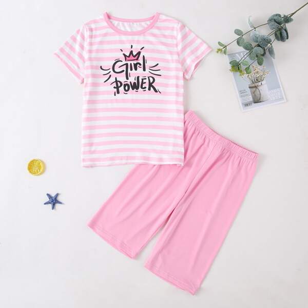 

Girls Letter Graphic Striped Tee With Pants, Baby pink