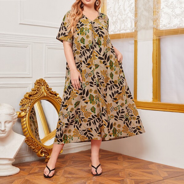 

Plus Allover Leaf Print Smock Dress, Multicolor