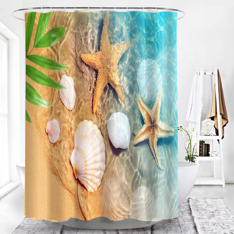 

Beach Print Shower Curtain With 12hooks, Multicolor