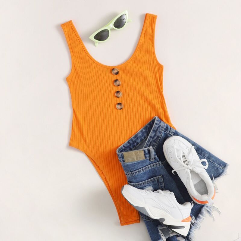 

Buttoned Front Rib-knit Tank Bodysuit, Orange