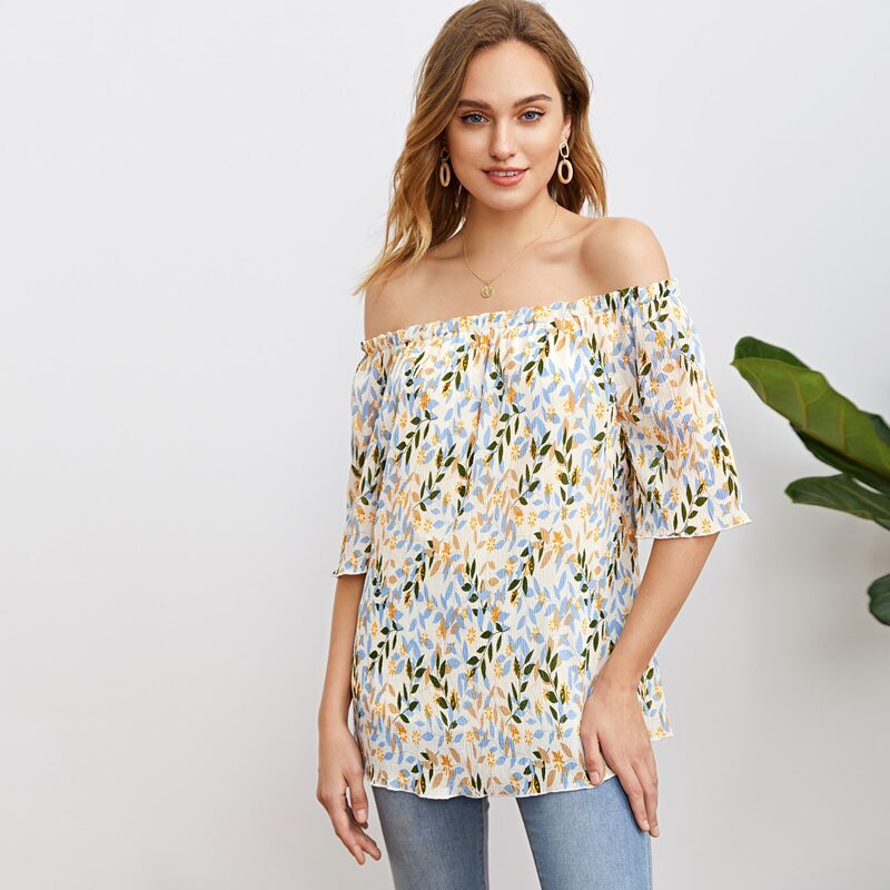 

Leaf Print Frill Bardot Blouse, Multicolor