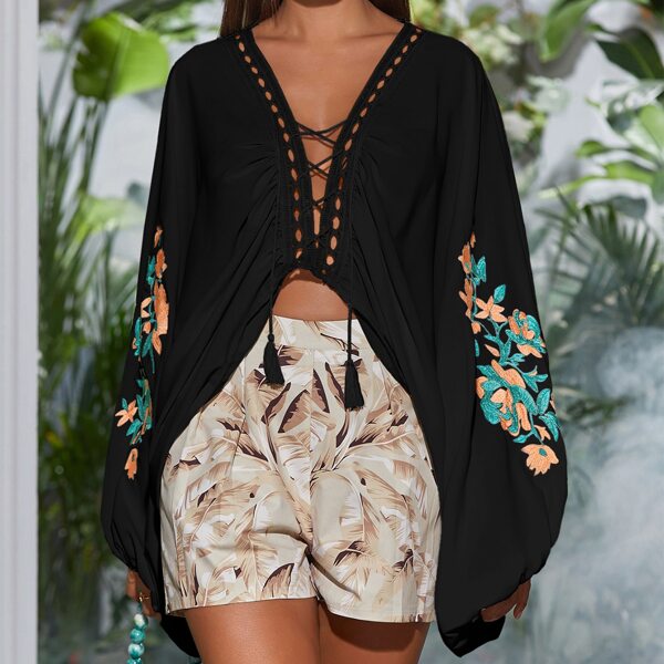 

Floral Embroidery Hollow Out Lace Up High Low Blouse, Black