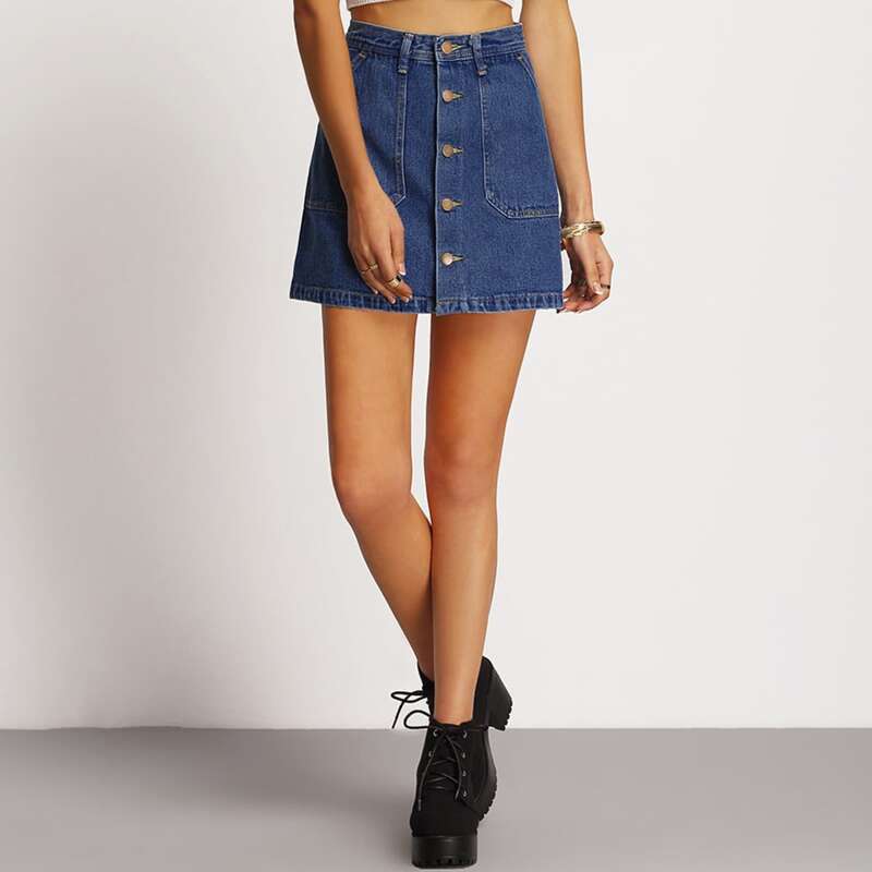 

A-line Button Through Denim Skirt, Navy blue