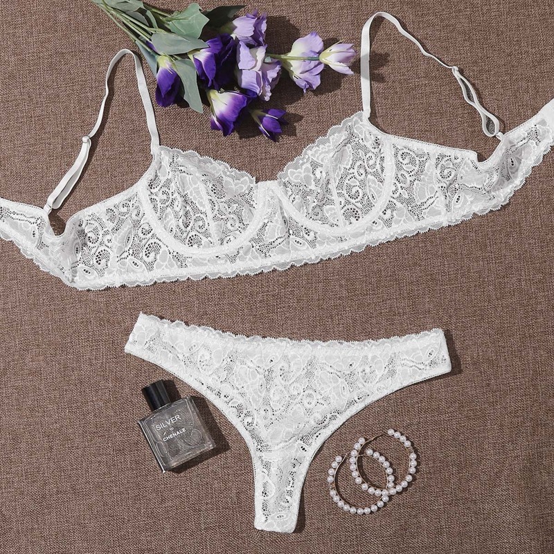 

Sheer Floral Lace Bra & Cheeky Panty Lingerie Set, White