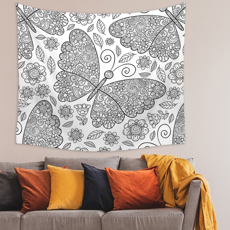 

Flower & Butterfly Print Tapestry, Black and white