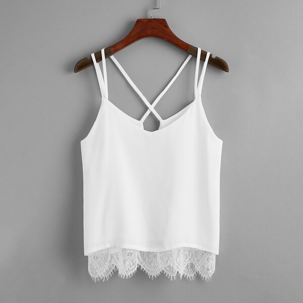

Lace Hem Criss Cross Back Cami Top, White