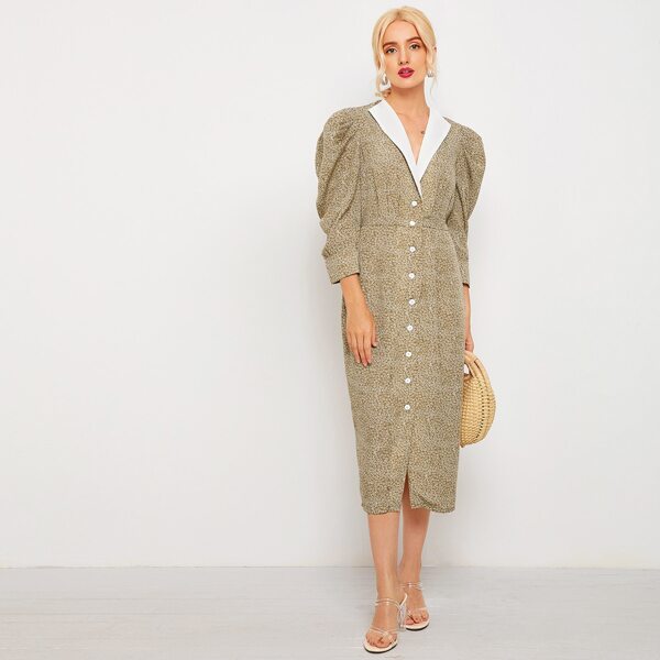 

Collared Leg-of-mutton Sleeve Single Breasted Ditsy Floral Dress, Khaki