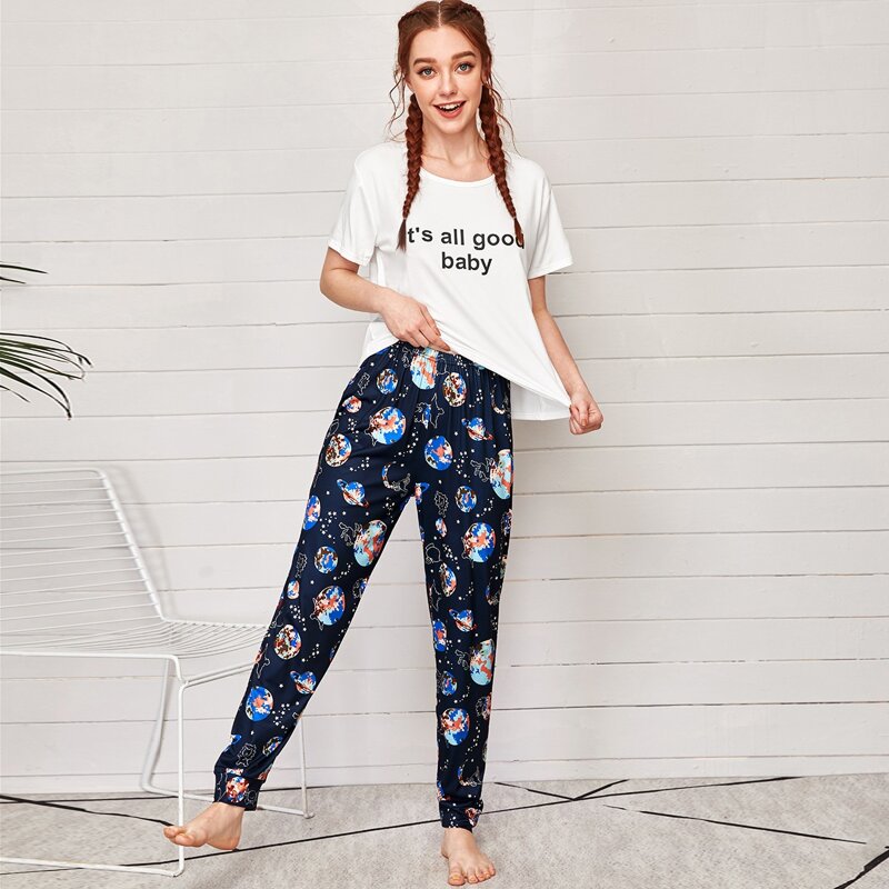 

Slogan Graphic Tee With Galaxy Print Pants PJ Set, Multicolor