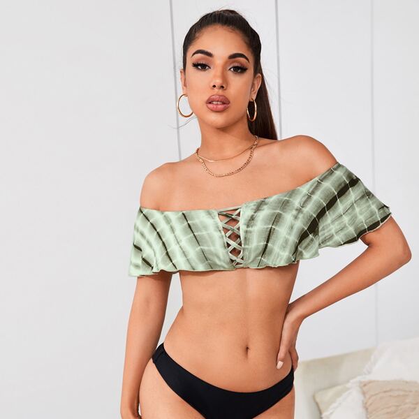 

Off Shoulder Crisscross Front Tie Dye Crop Top, Green