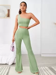 SHEIN BAE Ribbed One-Shoulder Crop Top & Flare Trousers Set - Lime Green - View 1