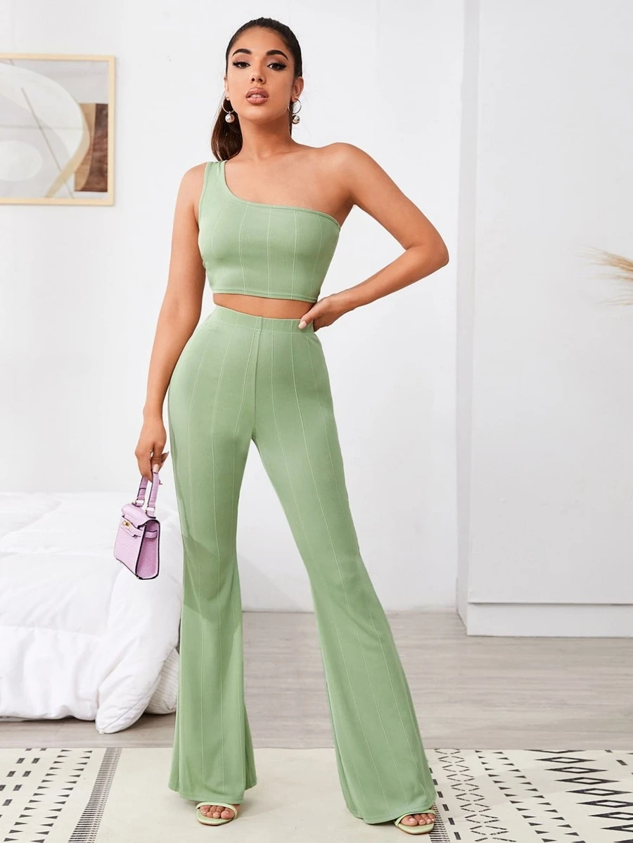 SHEIN BAE Ribbed One-Shoulder Crop Top & Flare Trousers Set - Lime Green - View 1