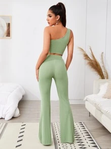 SHEIN BAE Ribbed One-Shoulder Crop Top & Flare Trousers Set - Lime Green - View 2