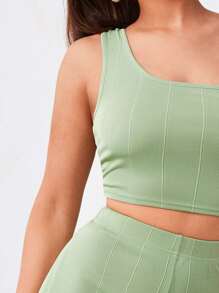 SHEIN BAE Ribbed One-Shoulder Crop Top & Flare Trousers Set - Lime Green - View 5