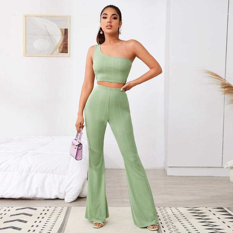 

Ribbed One-Shoulder Crop Top & Flare Pants Set, Lime green