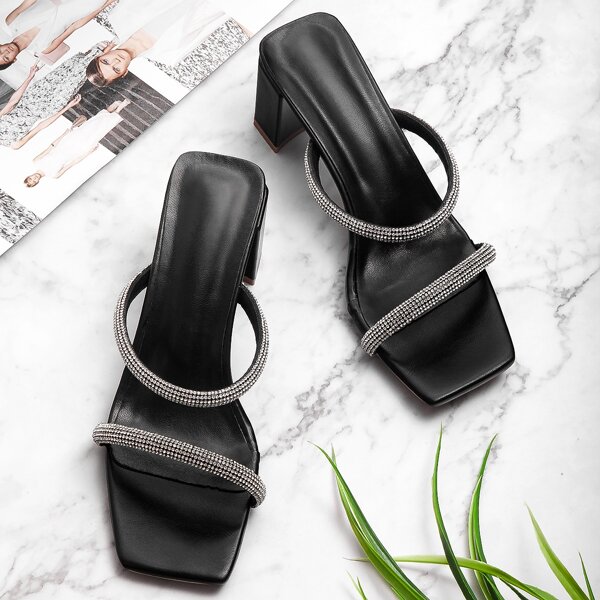 

Rhinestone Engraved Chunky Heeled Sandals, Black
