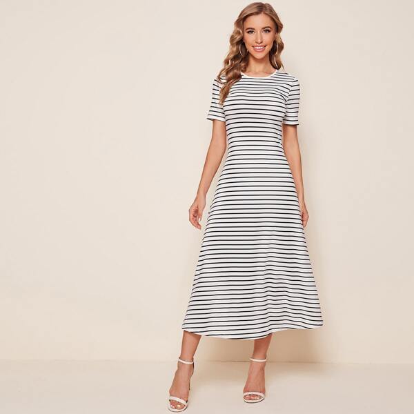 

Round Neck Striped Dress, White