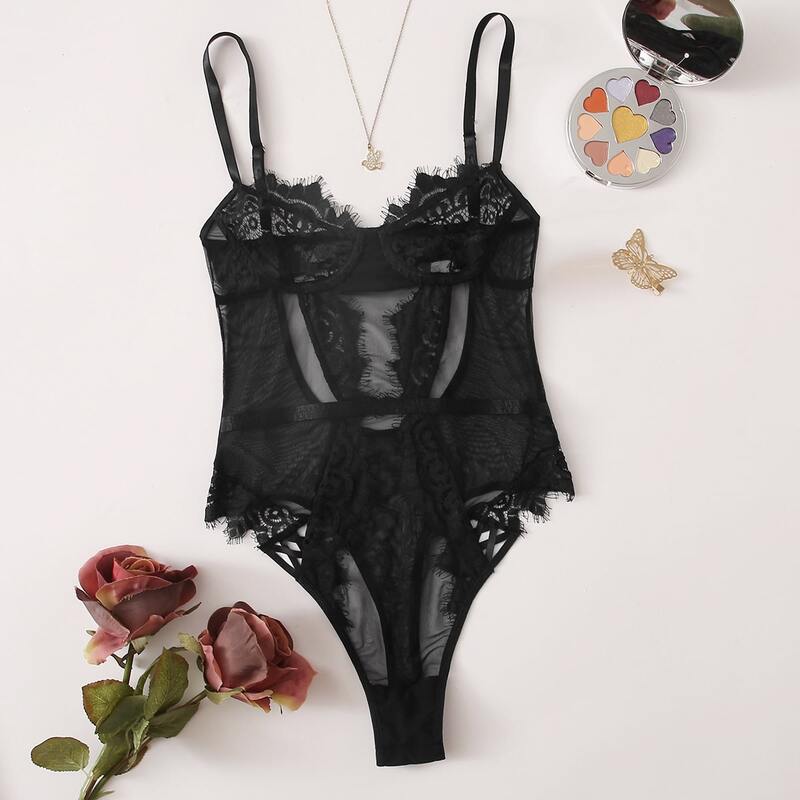 

Eyelash Lace Teddy Bodysuit, Black