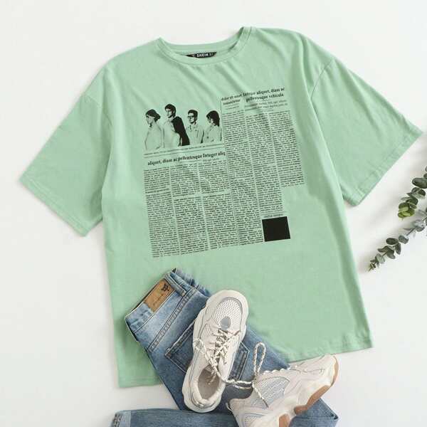 

Figure and Slogan Graphic Top, Mint green
