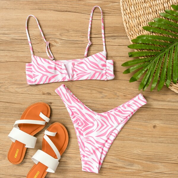 

Zebra Striped V Wired High Cut Bikini Swimsuit, Pastel baby pink