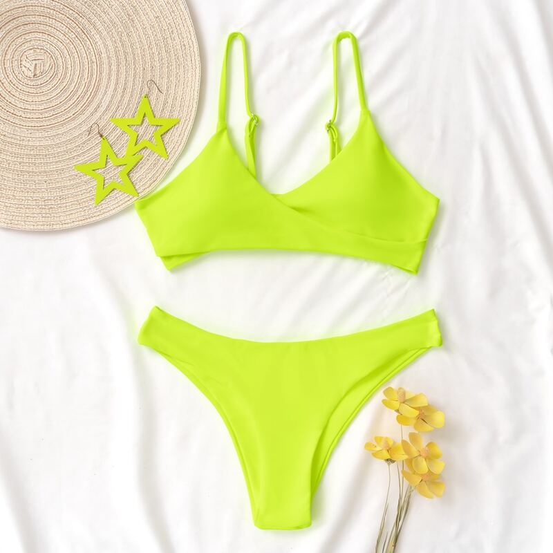 

Neon Lime Wrap Bikini Swimsuit, Lime green