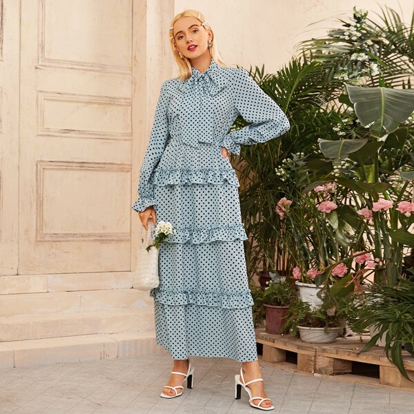

Tie Neck Ruffle Trim Polka Dot Layered Dress, Baby blue