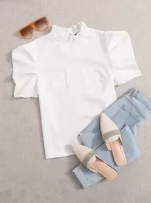 SHEIN Essnce Top de manga faro de cuello alto fruncido - Blanco - Ver 2