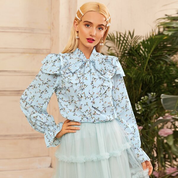 

Tie Neck Flounce Sleeve Ruffle Trim Ditsy Floral Top, Baby blue