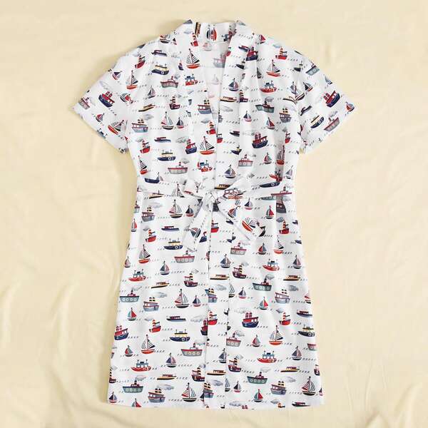 

Boys Allover Ship Print Belted Robe, Multicolor